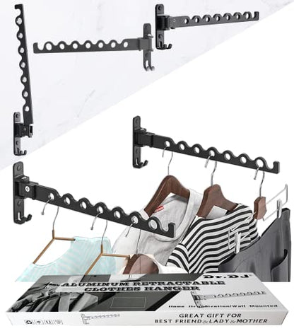 Dr.DJ Wall Mount Coat Hanger Rack, Laundry Clothes Drying Organizer Aluminium Retractable Folding Indoor Wall Mounted Hanger Space Saver for Laundry Room Bedroom (2 Racks) Black - color: Black 2 Racks