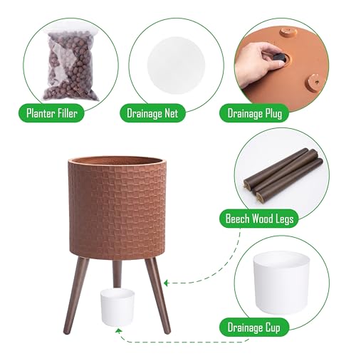 D'vine Dev Planter Pot with Wood Stand, 12 in, Terra Cotta, 88-Z-C-3 | Mid-Century Modern Style, Elevated Plant Display, Drainage Hole and Plug, Functional & Stylish, Modern Indoor Planter - color: Terra Cotta, size: Large