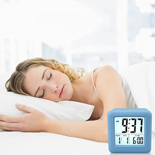 Plumeet Digital Alarm Clock Kids Clock with Snooze and White Nightlight - Easy Setting Travel Alarm Clocks Display Time, Date, Alarm - Ascending Sound - Battery Powered (Baby Blue) - color: Baby Blue