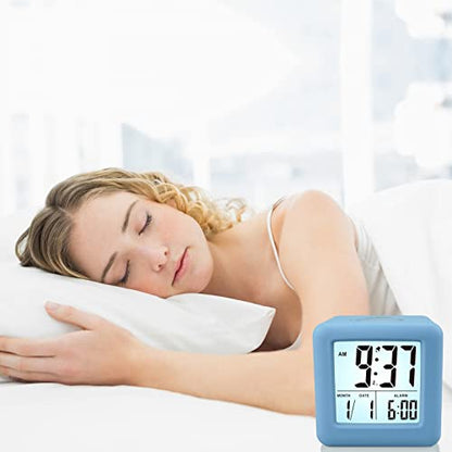 Plumeet Digital Alarm Clock Kids Clock with Snooze and White Nightlight - Easy Setting Travel Alarm Clocks Display Time, Date, Alarm - Ascending Sound - Battery Powered (Baby Blue) - color: Baby Blue