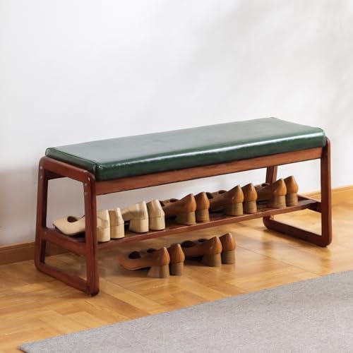 latifolia Solid Wood Bench, Entryway Shoe Bench with Cushion, 2 Tier Shoe Storage Organizer for Hallway, Living Room(Green,39.70''L) - color: Green, size: 39.37''L