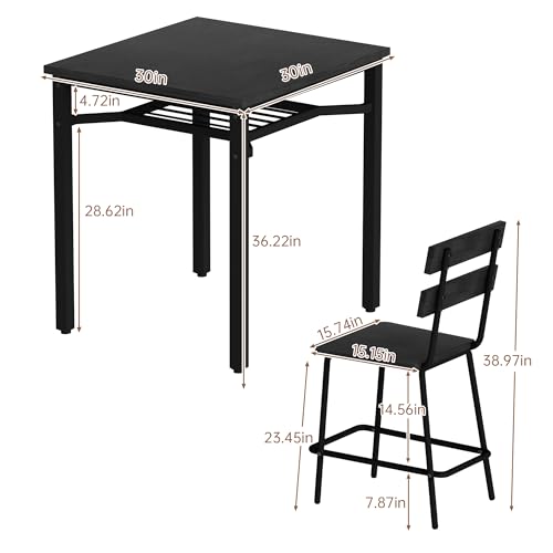 Hooseng 3 Piece Bar Table and Chairs Set, Counter Height Small Dining Table with 2 Bar Stools, Farmhouse Square Kitchen Table with Storage for Bistro, Pub, Small Space - color: Black