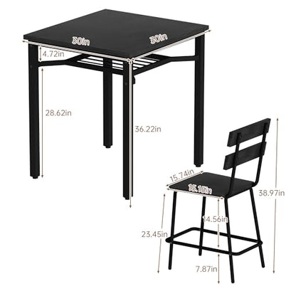 Hooseng 3 Piece Bar Table and Chairs Set, Counter Height Small Dining Table with 2 Bar Stools, Farmhouse Square Kitchen Table with Storage for Bistro, Pub, Small Space - color: Black