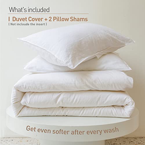 BISELINA French Linen Duvet Cover Set 3pcs with Hidden Zipper Closure Natural Flax Cotton Blend Solid Color Soft Breathable Luxury Farmhouse Bedding -Full Size, White - color: White, size: Full