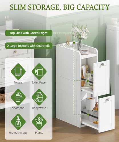 Keehusux Slim Bathroom Storage Cabinet with 2 Slide Out Drawers, White | Narrow Storage Organizer, Anti-drop Guardrail, Freestanding Toilet Paper Holder for Kitchen Corner and Small Spaces, Modern