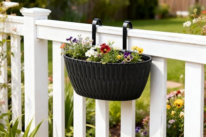 9 Inch Hanging Flower Pots, 3 Pcs Black Railing Fence Hanging Bucket Planter with Detachable Hooks, Countryside Window Plant Holder for Outdoor Garden Yard Home Decor