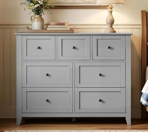 IDEALHOUSE 7 Chest of Drawers for Bedroom, 54''L Drawer Dresser, Grey | Simply 7 Drawer Dresser for Hallway Entryway, 15.8"D x 54"W x 31.5"H, Lacquered Storage Organizer for Living Room - color: Grey, size: 15.8"D x 54"W x 31.5"H (7 Drawers)