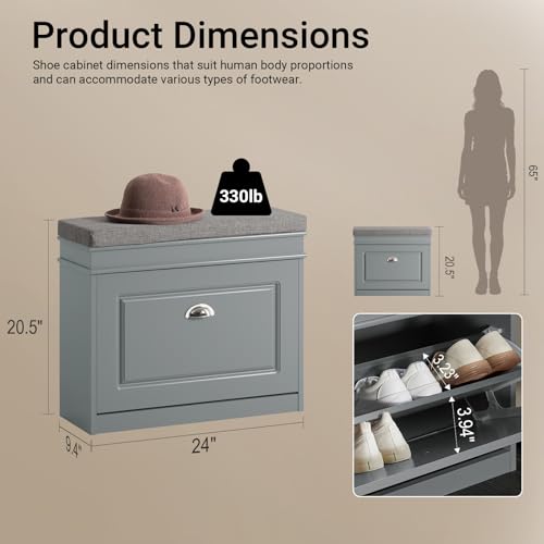 Haotian Grey Hallway Shoe Bench, Narrow Shoe Rack with Adjustable Shelf, Small Shoe Cabinet with 1 Flip-Drawer and Seat Cushion, FSR82-K-HG - color: Grey, size: 1 Drawer:24x9.4x20"