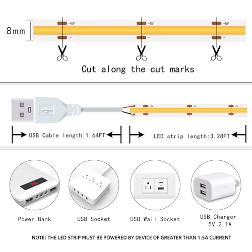 Short LED Strip Lights, COB 5V USB, Warm White 3000k (3.28FT/1M) | Flexible Small COB LED Strip Light, 3000K, Not Dimmable, For Display Cabinet & TV 3D Lighting - color: 3.28FT/3000K
