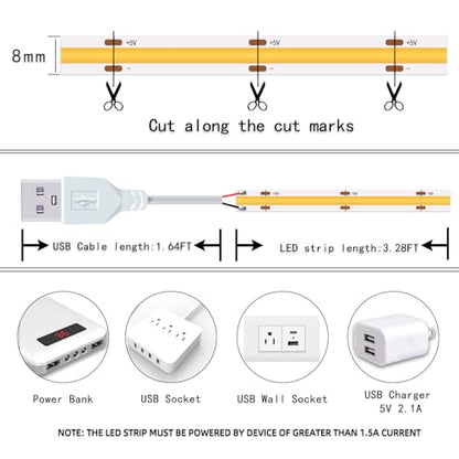 Short LED Strip Lights, COB 5V USB, Warm White 3000k (3.28FT/1M) | Flexible Small COB LED Strip Light, 3000K, Not Dimmable, For Display Cabinet & TV 3D Lighting - color: 3.28FT/3000K