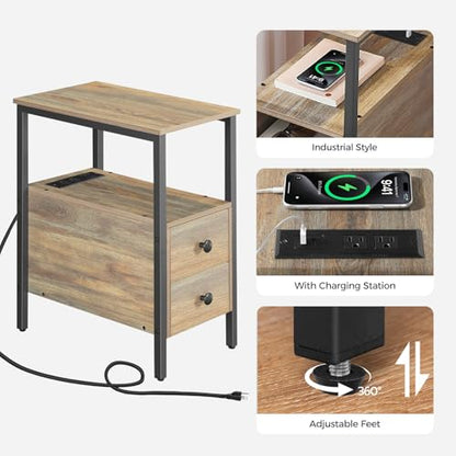 HOOBRO End Table with Charging Station, Narrow Side Table with 2 Drawer & USB Ports & Power Outlets, Nightstand for Small Spaces, for Living Room, Bedroom, Sapphire Brown UC541BZ01 - color: Sapphire Brown