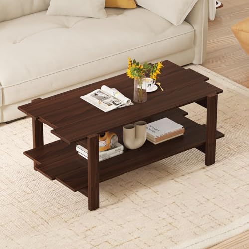 GIANTEX Coffee Table with Storage, 45 Inch Modern Center Table with Slatted Design & Side Rail Support, Rectangular Living Room Table for Small Spaces, Walnut - color: Walnut