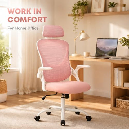 Pink Ergonomic Office Chair, High Back Mesh Desk Chair with Adjustable Headrest Lumbar Support, Computer Chairs with Flip-up Armrests and Thickened Cushion for Adults Home Office, 360° Swivel - color: Pink With Headrest