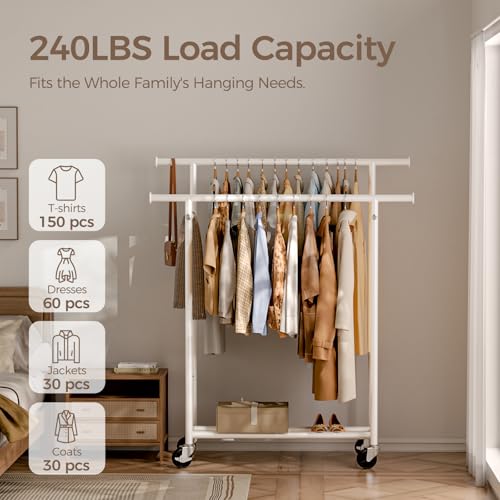 HYSEYY Clothes Rack, Double Rods Rolling Clothing Rack for Hanging Clothes, Portable Garment Rack with Wheels, Coat Rack Wardrobe Closet Load 240 LBS for Bedroom Laundry Room (White, L) - color: White, size: L