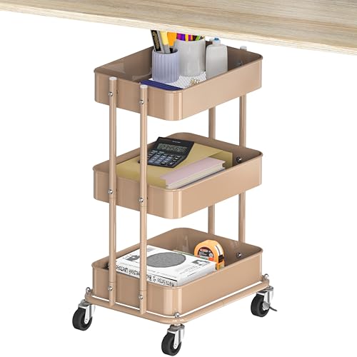 Simple Houseware 3-Tier Utility Cart, Low 24" Height Fits Under Desk, Khaki | Compact & Lower Height Great for Under-Desk Space-Saving Storage for Home Office, Dining Room, or Kitchen - color: Khaki