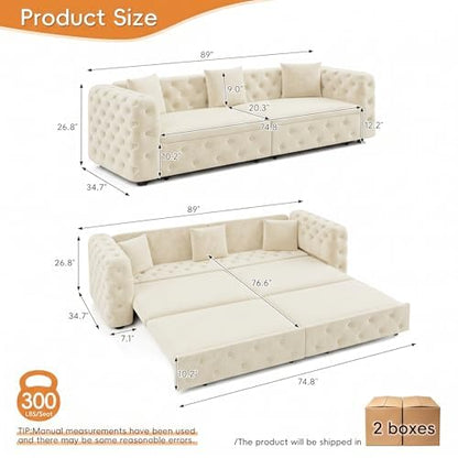 89" 4-Seater Queen Size Pull Out Sofa Bed with 3 Pillows, Beige | 4-Seater Classic Velvet Sofa with Tufted Design,3 Pillows,89" Extra Large 3-in-1 Pull Out Sofa - color: Q-beige-0w3