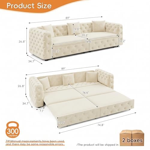 89" 4-Seater Queen Size Pull Out Sofa Bed with 3 Pillows, Beige | 4-Seater Classic Velvet Sofa with Tufted Design,3 Pillows,89" Extra Large 3-in-1 Pull Out Sofa - color: Q-beige-0w3