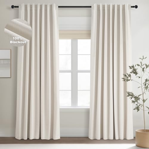 Topfinel 92 Inch Long Black Out Custom Drapery 2 Panels Neutral Blackout Cream White Curtains, Sun Blocking Tab Top Curtain Room Divider, Internet Famous Textured Linen Curtains 52" X 92", Bay Window - color: Birch, size: 52"W x 92"L (Pack of 2)