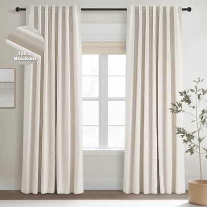 Topfinel 92 Inch Long Black Out Custom Drapery 2 Panels Neutral Blackout Cream White Curtains, Sun Blocking Tab Top Curtain Room Divider, Internet Famous Textured Linen Curtains 52" X 92", Bay Window - color: Birch, size: 52"W x 92"L (Pack of 2)