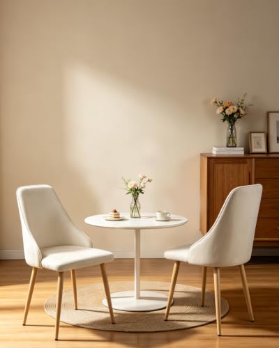 Set of 2 Mid-Century Dining Chairs High Back Beige Velvet Upholstered Modern Farmhouse Kitchen Chairs with Sturdy Metal Legs, Ergonomic Armless Accent Chairs for Dining Room/Living Room/Apartment - color: White