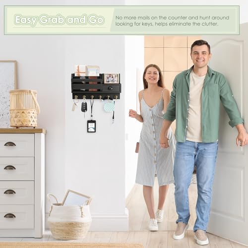 VIS'V Key Holder Wall Mount, Wooden Mail and Key Organizer, Black | Contains Little Drawer, Small Shelf, 2 Slots, 6 Hooks, for Entryway, Hallway, Doorway, Kitchen, Garage, Camper - color: Black