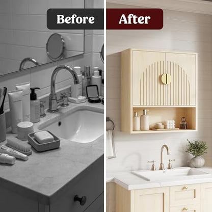 Bathroom Wall Cabinet, Fluted Medicine Cabinet, Natural | Adjustable Wood Shelf, Over The Toilet Storage Cabinet for Laundry Room, Living Room, Rounded Metal Handle, 2 Doors