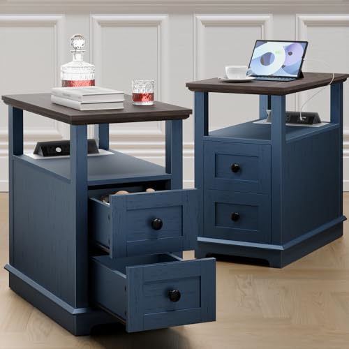 HIFYOBRO Narrow End Table with Flip Top Charging Station Set of 2 | Side Table with 2 Drawers, Type-C & USB Port & Power outlets, Wooden Storage End Table for Living Room, Bedroom - color: Dark Blue, size: 1 Set