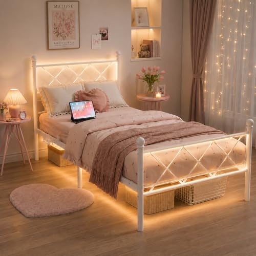 VINGLI White Twin Bed Frame with Headboard and Footboard, 12 Inch Under Bed Storage, Metal Twin Bed Frames Heavy Duty Platform Bed with Charging Station, LED Lights - color: White, size: Twin