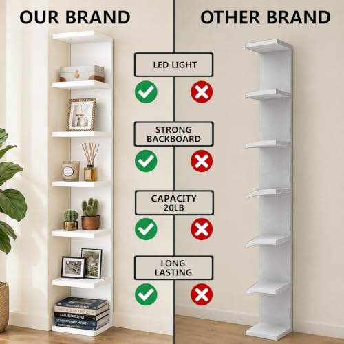 Lack Wall Shelf Unit with Extra Strong Backboard, Versatile 7 Tier Shelf Unit, White Lack Wall Shelf, Display Floating Shelf with LED Remote Control Light (White) - color: White