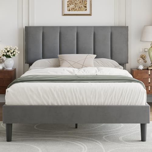 VECELO Full Size Bed Frame with Upholstered Headboard, Platform Bedframe with Strong Wooden Slats Support, No Boxing Spring Needed, Dark Grey - color: Dark Grey, size: Full, style: Platform