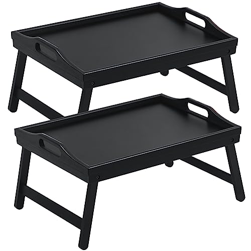 2 Pack Bed Tray Table Breakfast Trays Serving Tray Bamboo Bed Laptap with Floding Legs Handles and Phone Holders - color: Black 2 Pack