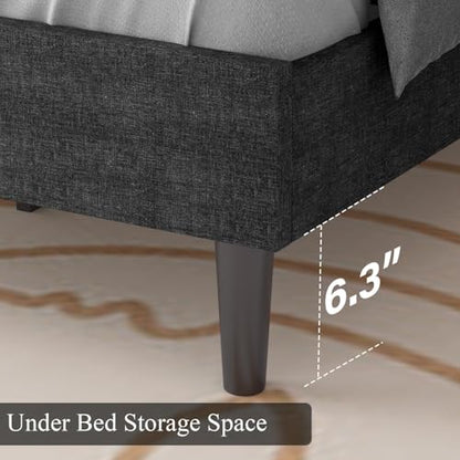 HOMBCK Twin Size Bed Frame with Adjustable Headboard, Linen Fabric Upholstered Bed Frame with Wood Slats, Twin Bed Frames for Kids, Button Tufted Design, No Box Spring Needed, Dark Grey - color: Dark Grey, size: Twin