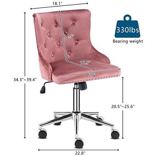 VINGLI Velvet Office Chair - Modern Upholstered Desk Chair with Adjustable Height, Tilting Mechanism, and Rolling Wheels - Pink - color: Pink