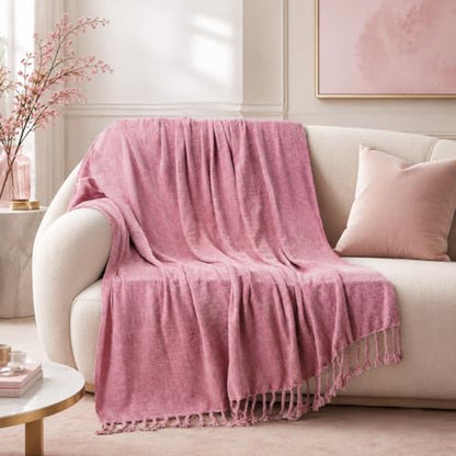 BATTILO HOME Pink Chenille Throw Blanket for Couch, Soft Cozy Textured Knit Throw Blanket with Handmade Fringe Tassels, Lightweight Decorative Farmhouse Blanket for Sofa Bed Chair, 50"x60" | Soft Chenille Knit with Handmade Fringe Tassels, Lightweight, Co