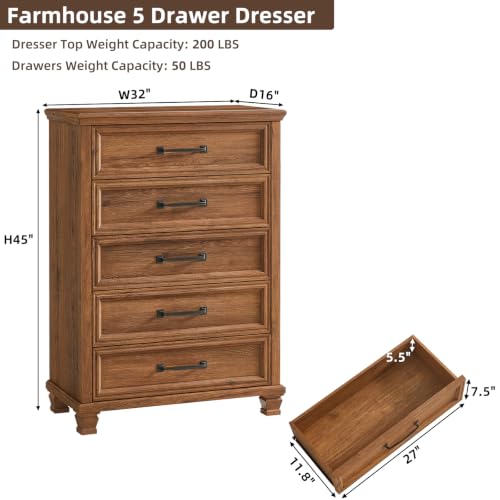 Farmhouse 5 Drawer Dresser for Bedroom, Brown | 45” Tall Vertical Dressers Chest of Drawers with Reinforced Top & Square Wooden Legs - color: Brown, size: 16"D x 32"W x 45"H (5 Drawers)