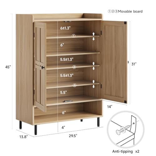 Shoe Cabinet with Cross Molding Doors, 6-Tier Storage, Oak | 45'' Tall Shoe Storage Organizer with 3 Adjustable Shelves & Metal Legs, Freestanding Wood Shoe Rack for Entryway, Front Door - color: Natural Oak