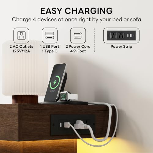 LIKIMIO Nightstand with Charging Station LED Light and 2 Drawers,Walnut | charging station; LED light; 2 smooth glide drawers; Walnut wood grain - color: Walnut