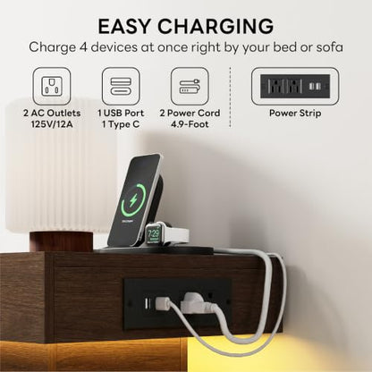 LIKIMIO Nightstand with Charging Station LED Light and 2 Drawers,Walnut | charging station; LED light; 2 smooth glide drawers; Walnut wood grain - color: Walnut