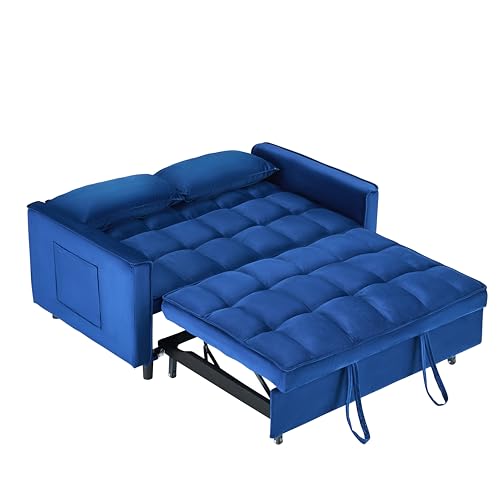 55" Pull Out Sleeper Sofa, Velvet Loveseat with Side Pockets, Blue | Velvet upholstery, 5-level adjustable back, Pull-out bed design, Sturdy frame with side pockets - color: Blue
