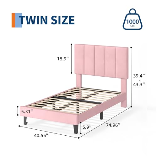 Garvee Twin Size Bed Frame with Upholstered Headboard for Kids, Pink | Fully Velvet Upholstered Mattress Foundation with Height Adjustable Headboard, No Box Spring Needed, Easy Assembly - color: Pink, size: Twin