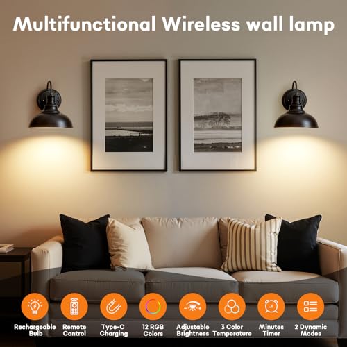 Lightess Black Rechargeable Battery Operated Wall Sconces Set of 2 | Wireless Cordless No Hard Wiring Required Remote Controlled 12 Colors Dimmable Gooseneck For Vintage Bedroom Wall Decor - color: 2 Pack-RGB Battery Bulbs