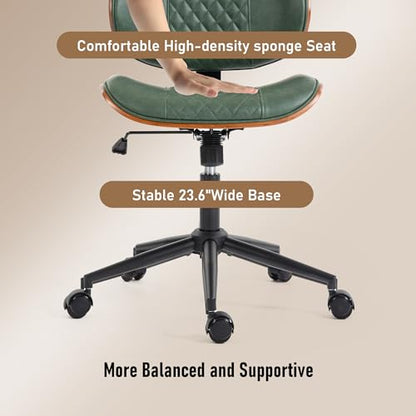 Modern Walnut Home Office Chair, Executive Desk Chair No Arms Green | with Wheels, Adjustable Height, Comfy PU, Deeper Cushion, Mid Back, 360 Swivel Computer Chair - color: Green