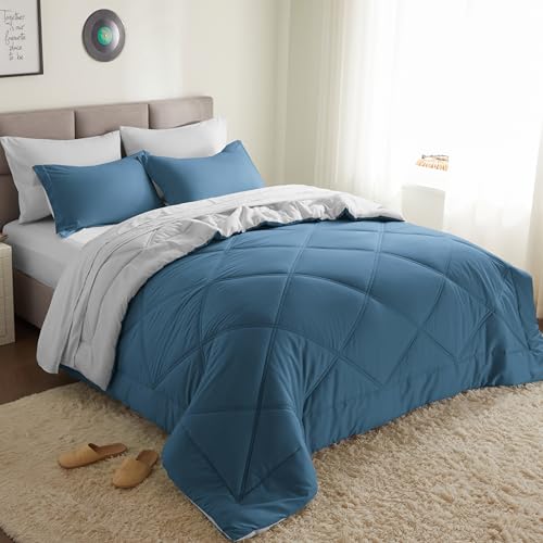 JOIEDOMI King Size Comforter Set with Sheets Blue, 7 Pieces King Bedding Set with 1 Down Alternative Comforter, 1 Flat Sheet, 1 Fitted Sheet, 2 Pillowcases and 2 Pillow Shams, Bed in a Bag All Seasons - color: Blue, size: King