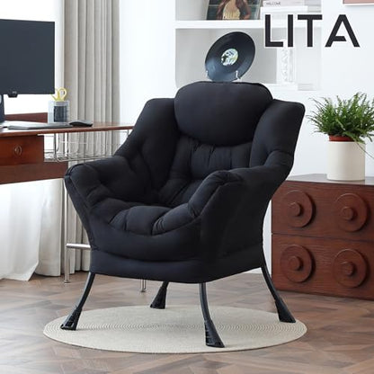 Lazy Chair with Ottoman, Comfy Accent Reading Chair, Black | Foldable Footrest,Removable Cover,with Armrests and Side Pockets,Upholstered Lounge Chair for Bedroom,Dorm,Office,Small Space - color: Single Black