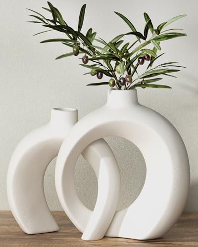 7.2″Hx8.9″H Donut Shape Decorative Vase Set of 2, Ceramic, Modern Minimalism Styles, Flowers or Plant Table Vases for Home Decor Living Room Shelf Entry Console Mantle Dining Centerpiece (Matte White) - color: Matte White