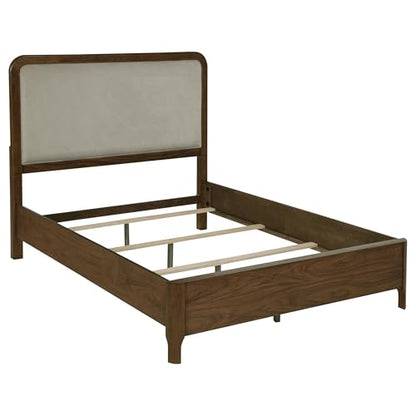 Queen Bed, Upholstered Bed, Walnut Panel Bed, Grey Fabric Headboard, Bed Frame, Extra Low Footboard, Walnut Veneer, Transitional for Modern and Classic Rooms, 1 Bed