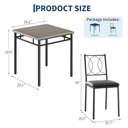 Space-Saving Dining Table Set for 2 – 3-Piece Farmhouse Wood Table & | Upholstered Chairs – Modern Compact Dining Furniture for Apartments & Breakfast Nooks – Grey - color: Grey