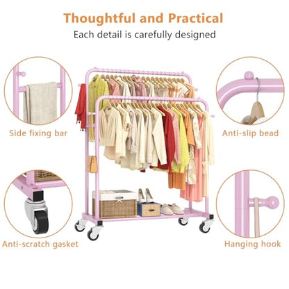 Laiensia Double Rods Garment Rack with Wheels, Clothing Rack for Hanging Clothes,4 Hooks, Multi-Functional Bedroom Clothes Rack, Pink - color: pink