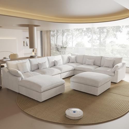 Cloud Modular Sectional Couch for Living Room, Convertible Wide Deep Seat Sleeper Sofa with Ottomans, 8 Seater Living Room Sofa Furniture Set,Covers Washable&Replaceable, White - color: White, size: 8 Seater