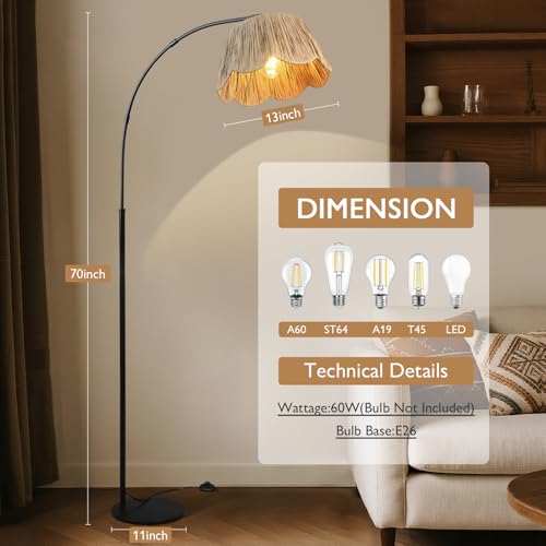 Boho Rattan Floor Lamps for Living Room,Arc Floor Lamp with Hand Woven Shade,70'' Tall Lamp with Black Metal Stand,Foot Switch,Farmhouse Standing Lamp for Bedroom,Over Couch Reading Light,Nursery